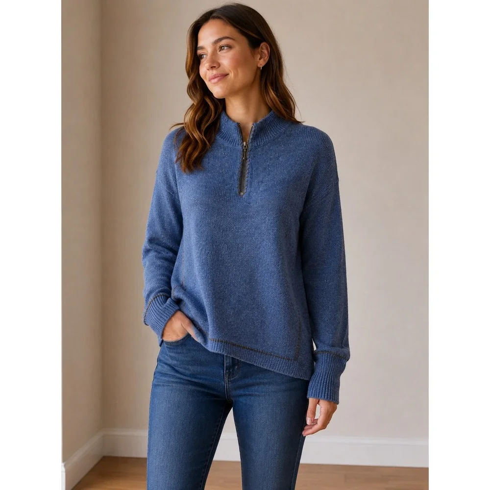 Woolrich Women's Knit Pullover‎ Quarter Zip Sweater Blue Size Large